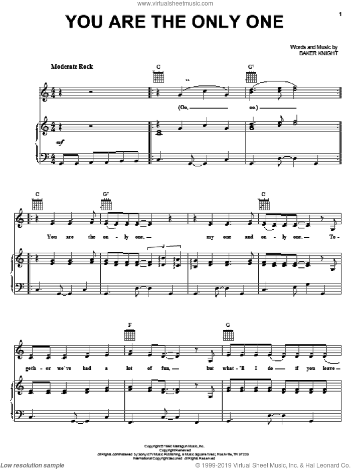 You Are The Only One sheet music for voice, piano or guitar by Ricky Nelson and Baker Knight, intermediate skill level
