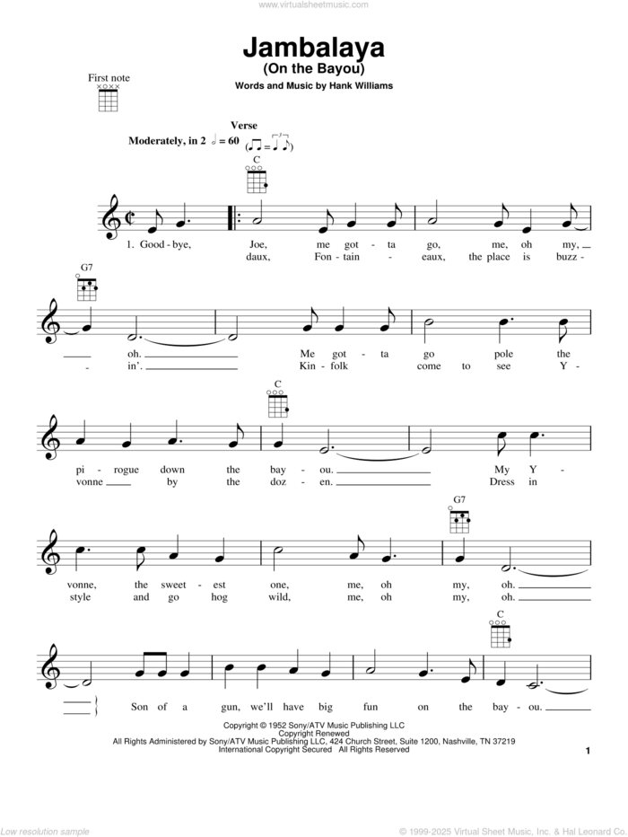 Jambalaya (On The Bayou) sheet music for ukulele by Hank Williams, intermediate skill level