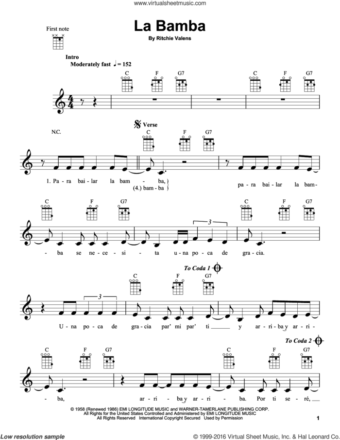 La Bamba sheet music for ukulele by Ritchie Valens and Los Lobos, intermediate skill level
