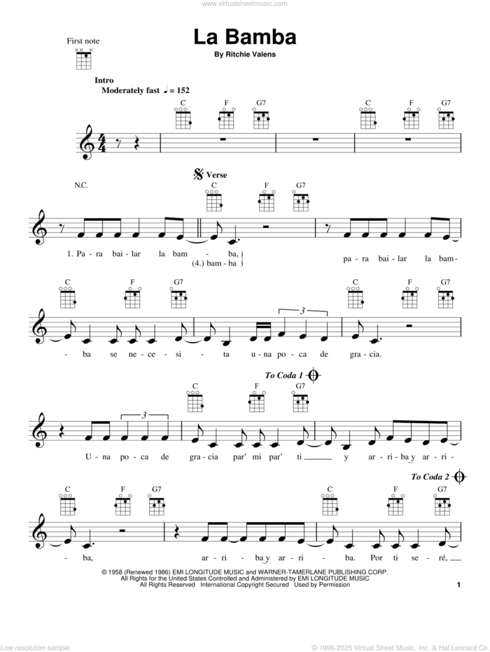 La Bamba sheet music for ukulele by Ritchie Valens and Los Lobos, intermediate skill level