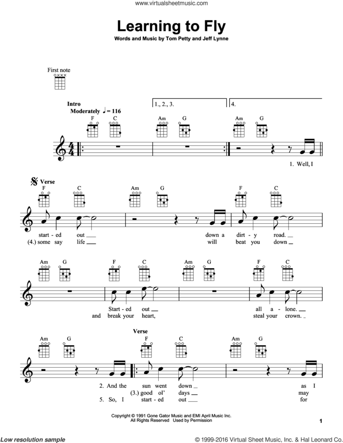 Learning To Fly sheet music for ukulele by Tom Petty and Jeff Lynne, intermediate skill level