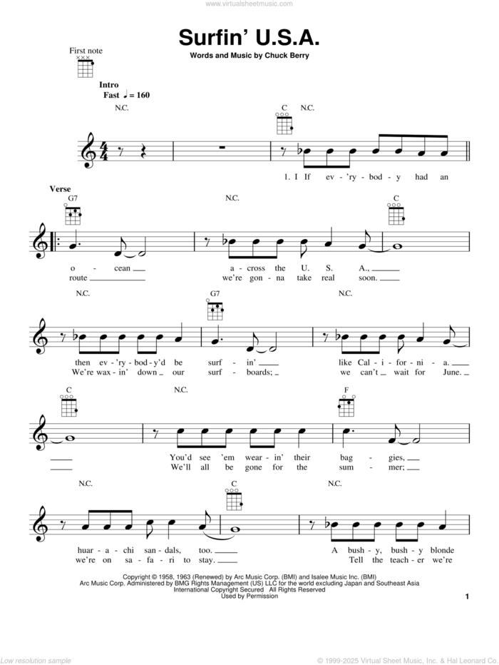 Surfin' U.S.A. sheet music for ukulele by The Beach Boys and Chuck Berry, intermediate skill level