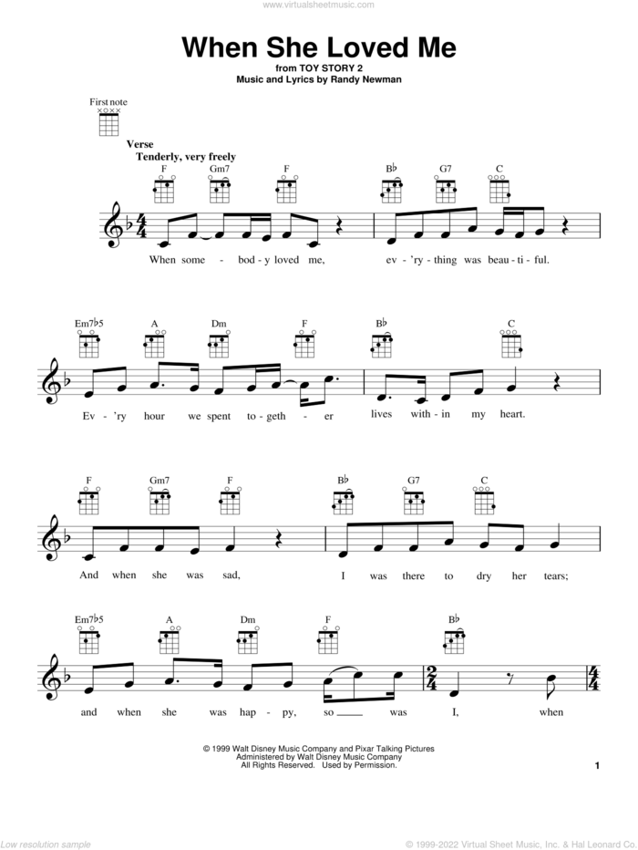 When She Loved Me (from Toy Story 2) sheet music for ukulele by Sarah McLachlan and Randy Newman, intermediate skill level