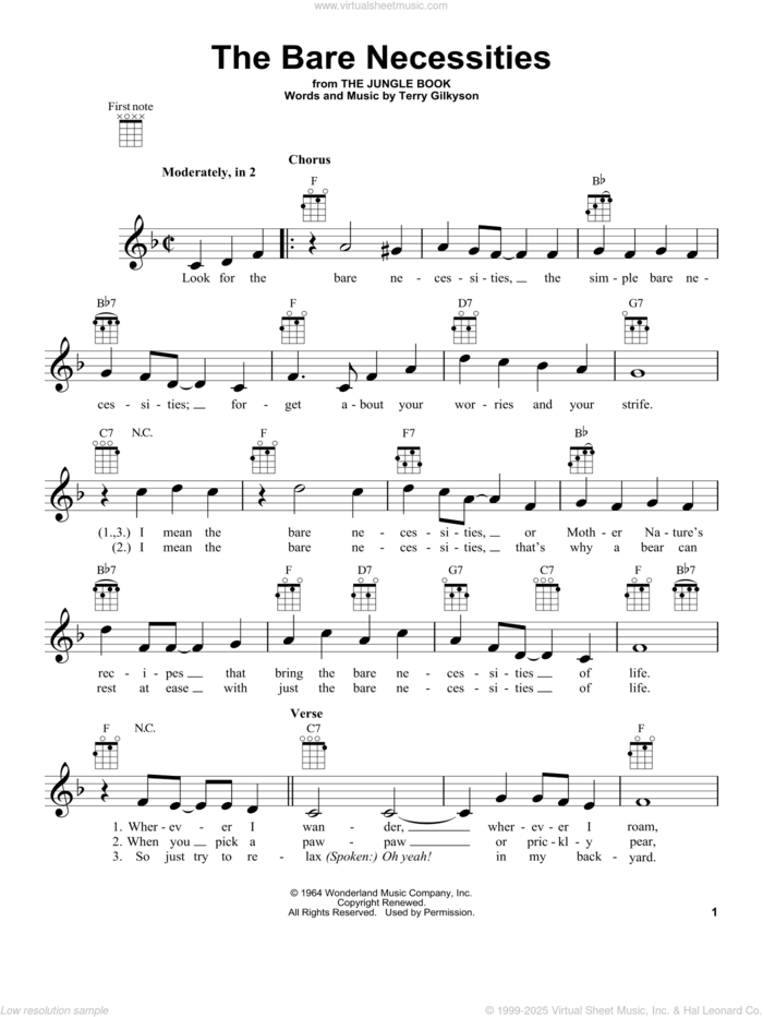 The Bare Necessities (from The Jungle Book) sheet music for ukulele by Terry Gilkyson, intermediate skill level