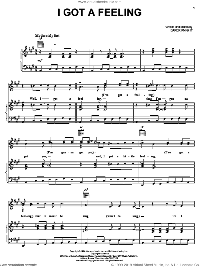 I Got A Feeling sheet music for voice, piano or guitar by Ricky Nelson and Baker Knight, intermediate skill level