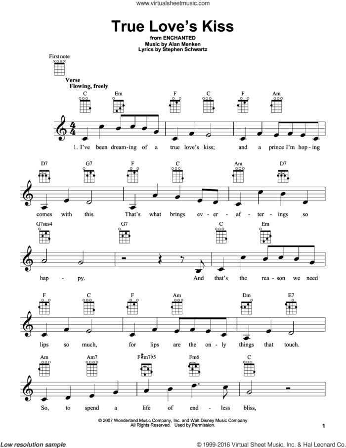 True Love's Kiss (from Enchanted) sheet music for ukulele by Amy Adams, Alan Menken and Stephen Schwartz, intermediate skill level
