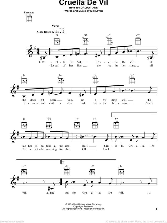 Cruella De Vil (from 101 Dalmations) sheet music for ukulele by Mel Leven, intermediate skill level