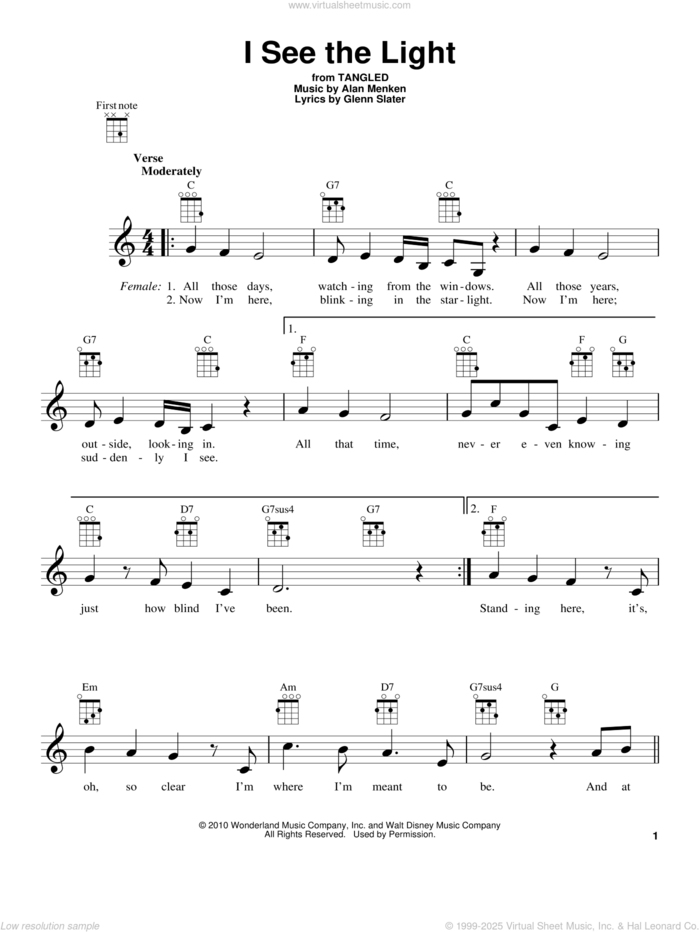 I See The Light (from Tangled) sheet music for ukulele by Alan Menken and Glenn Slater, intermediate skill level