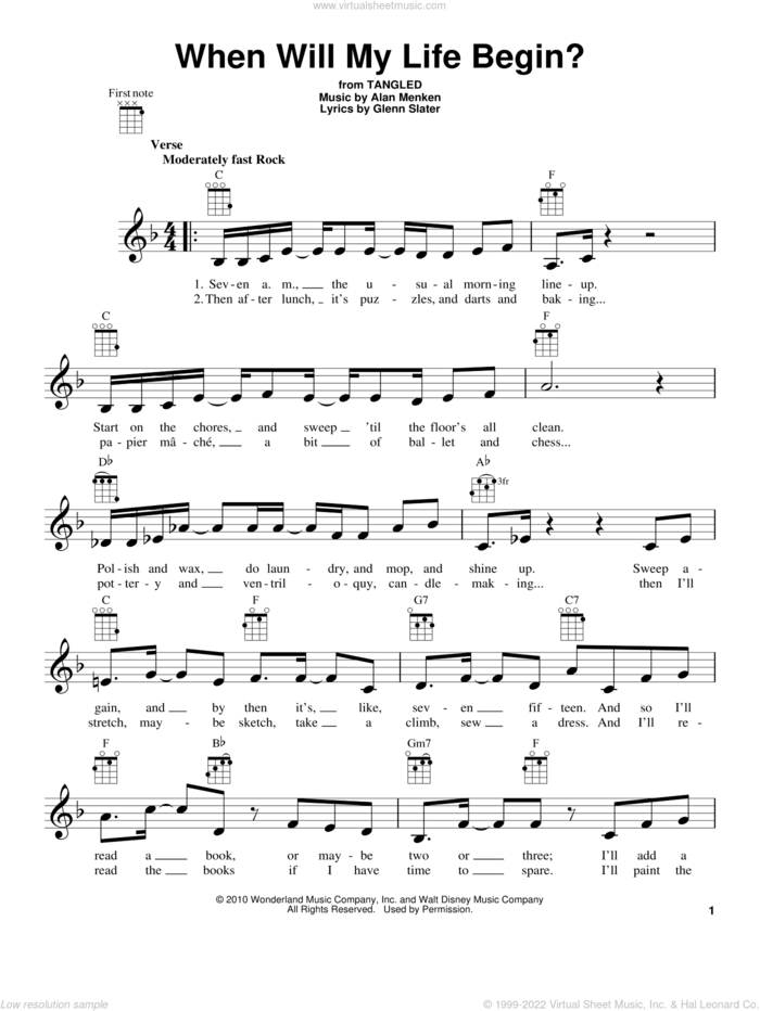 When Will My Life Begin? (from Tangled) sheet music for ukulele by Alan Menken, Mandy Moore and Glenn Slater, intermediate skill level