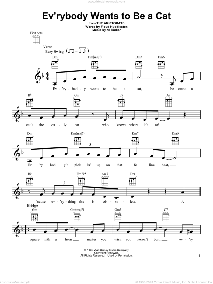 Ev'rybody Wants To Be A Cat (from The Aristocats) sheet music for ukulele by Al Rinker and Floyd Huddleston, intermediate skill level