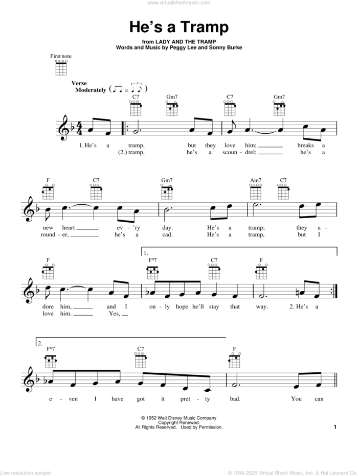 He's A Tramp (from Lady And The Tramp) sheet music for ukulele by Peggy Lee and Sonny Burke, intermediate skill level