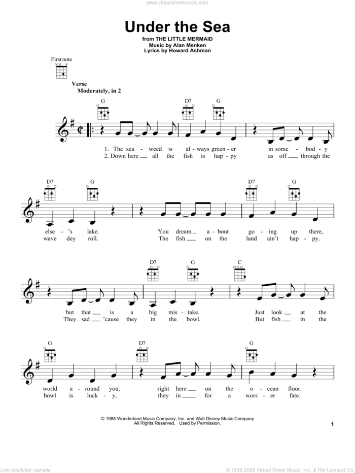 Under The Sea sheet music for ukulele by Alan Menken and Howard Ashman, intermediate skill level