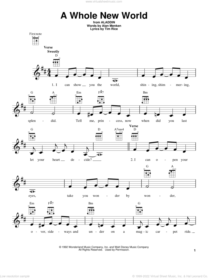 A Whole New World (from Aladdin) sheet music for ukulele by Tim Rice and Alan Menken, wedding score, intermediate skill level