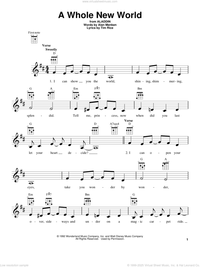 A Whole New World (from Aladdin) sheet music for ukulele by Tim Rice, Alan Menken and Alan Menken & Tim Rice, wedding score, intermediate skill level