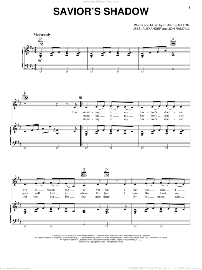 Savior's Shadow sheet music for voice, piano or guitar by Blake Shelton, Jessi Alexander and Jon Randall, intermediate skill level