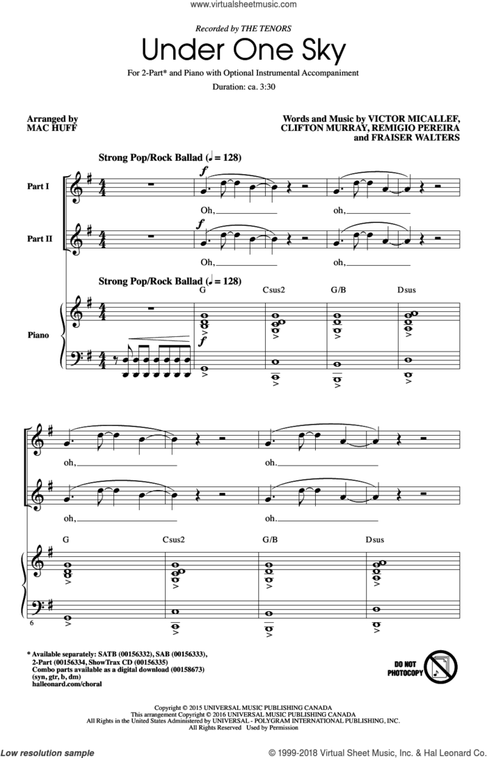 Under One Sky sheet music for choir (2-Part) by Mac Huff, Clifton Murray, Fraser Walters, Remigio Pereira, The Tenors and Victor Micallef, intermediate duet