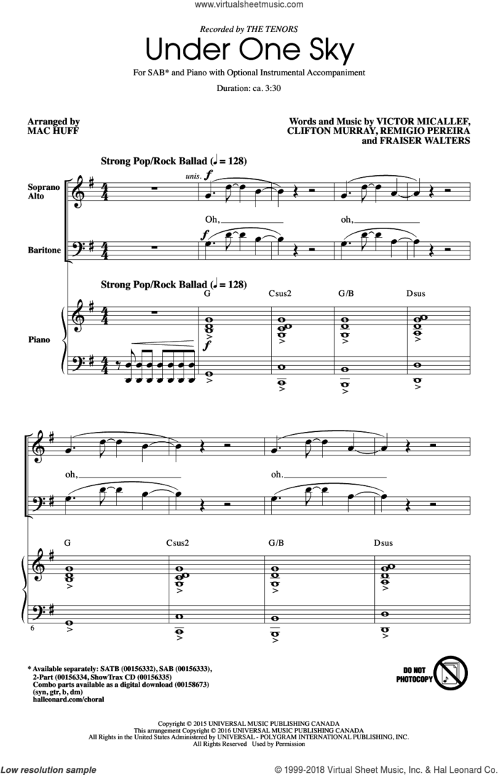 Under One Sky sheet music for choir (SAB: soprano, alto, bass) by Mac Huff, Clifton Murray, Fraser Walters, Remigio Pereira, The Tenors and Victor Micallef, intermediate skill level