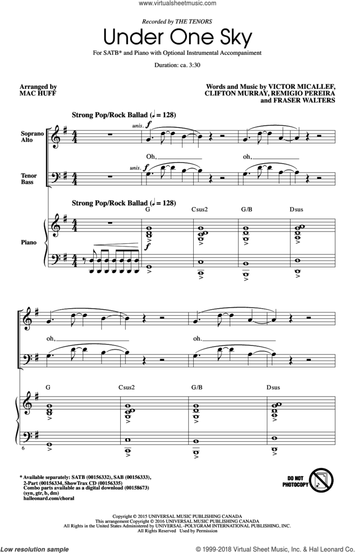 Under One Sky sheet music for choir (SATB: soprano, alto, tenor, bass) by Mac Huff, Clifton Murray, Fraser Walters, Remigio Pereira, The Tenors and Victor Micallef, intermediate skill level