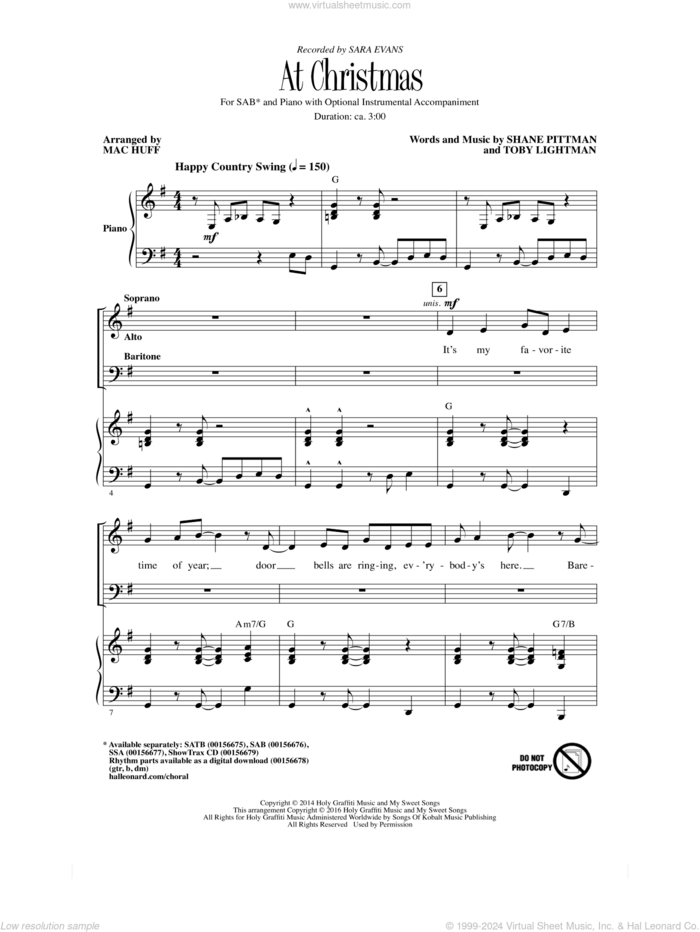 At Christmas (arr. Mac Huff) sheet music for choir (SAB: soprano, alto, bass) by Sara Evans, Mac Huff, Shane Pittman and Toby Lightman, intermediate skill level