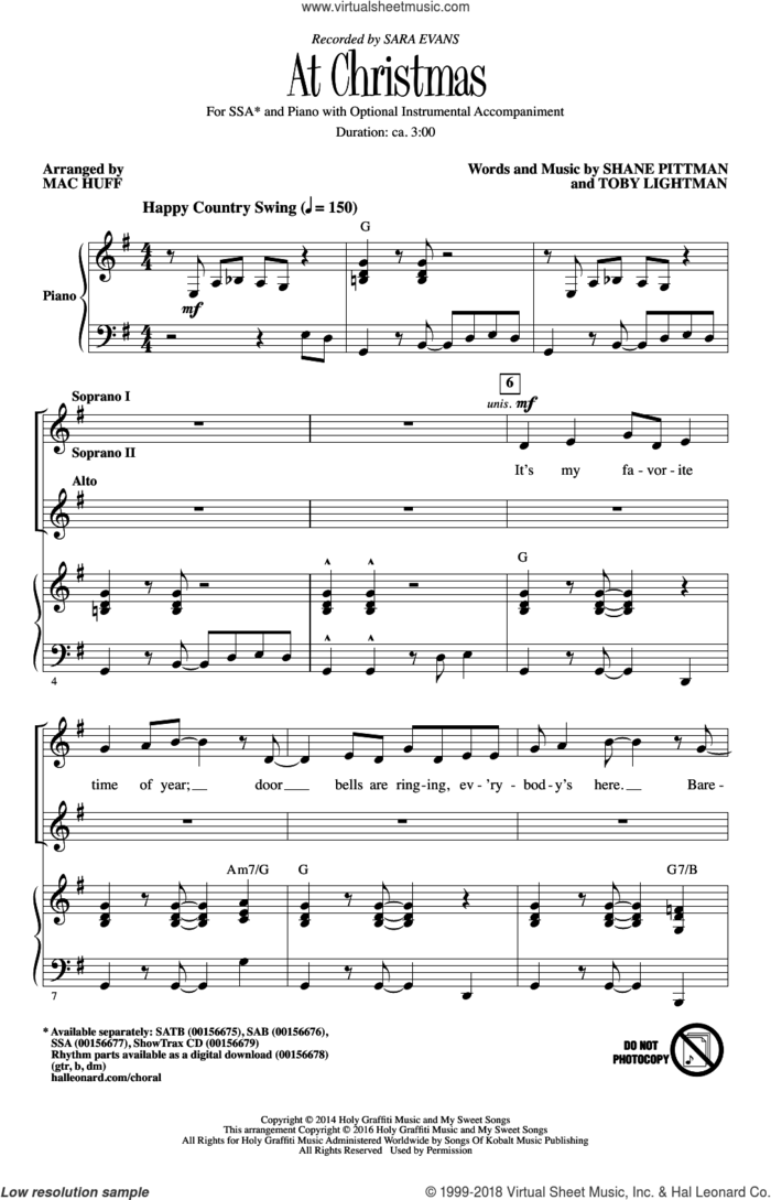 At Christmas (arr. Mac Huff) sheet music for choir (SSA: soprano, alto) by Sara Evans, Mac Huff, Shane Pittman and Toby Lightman, intermediate skill level
