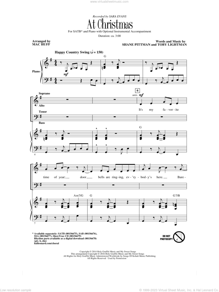 At Christmas (arr. Mac Huff) sheet music for choir (SATB: soprano, alto, tenor, bass) by Sara Evans, Mac Huff, Shane Pittman and Toby Lightman, intermediate skill level