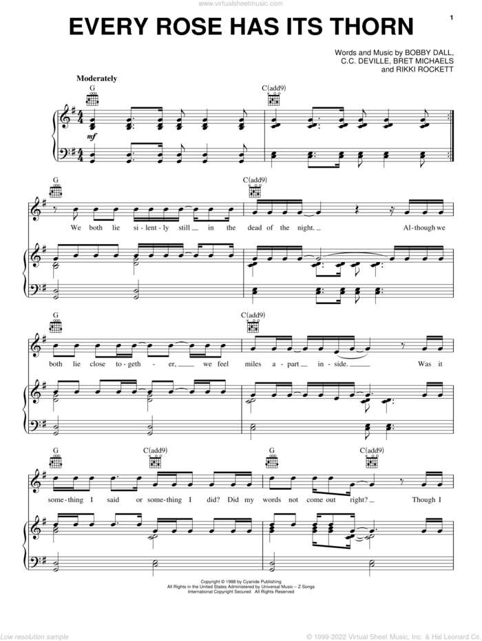 Every Rose Has Its Thorn sheet music for voice, piano or guitar by Poison, Rock Of Ages (Musical), Bobby Dall, Brett Michaels, Bruce Anthony Johannesson and Rikki Rockett, intermediate skill level