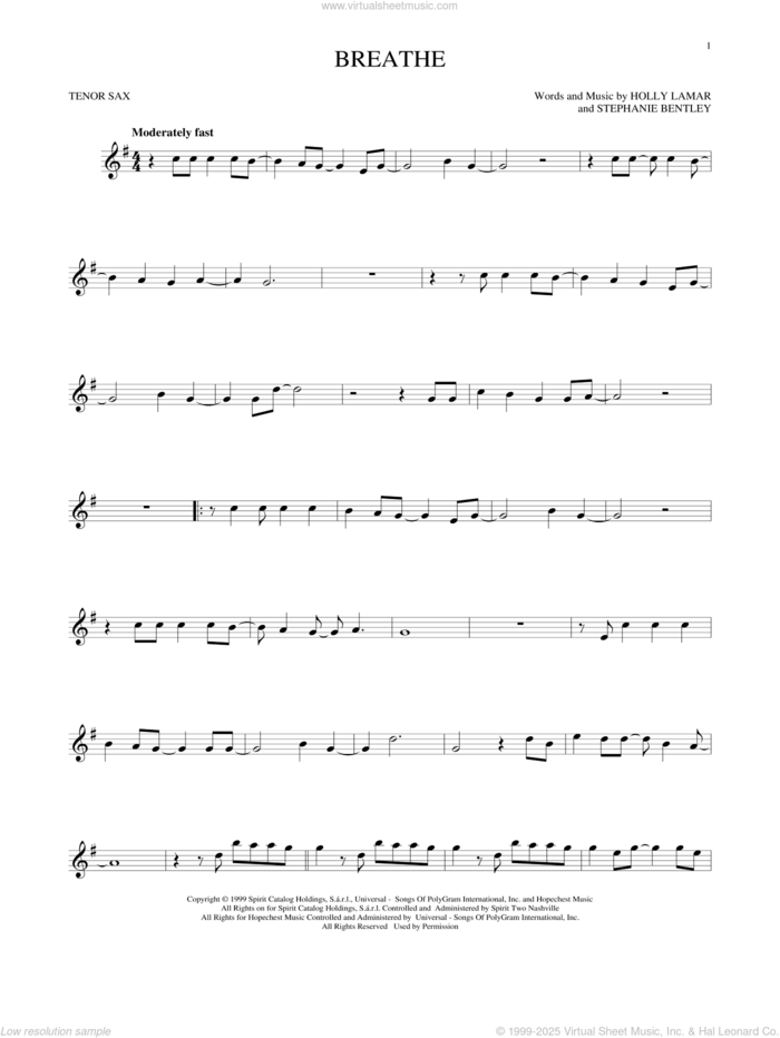 Breathe sheet music for tenor saxophone solo by Faith Hill, Holly Lamar and Stephanie Bentley, intermediate skill level