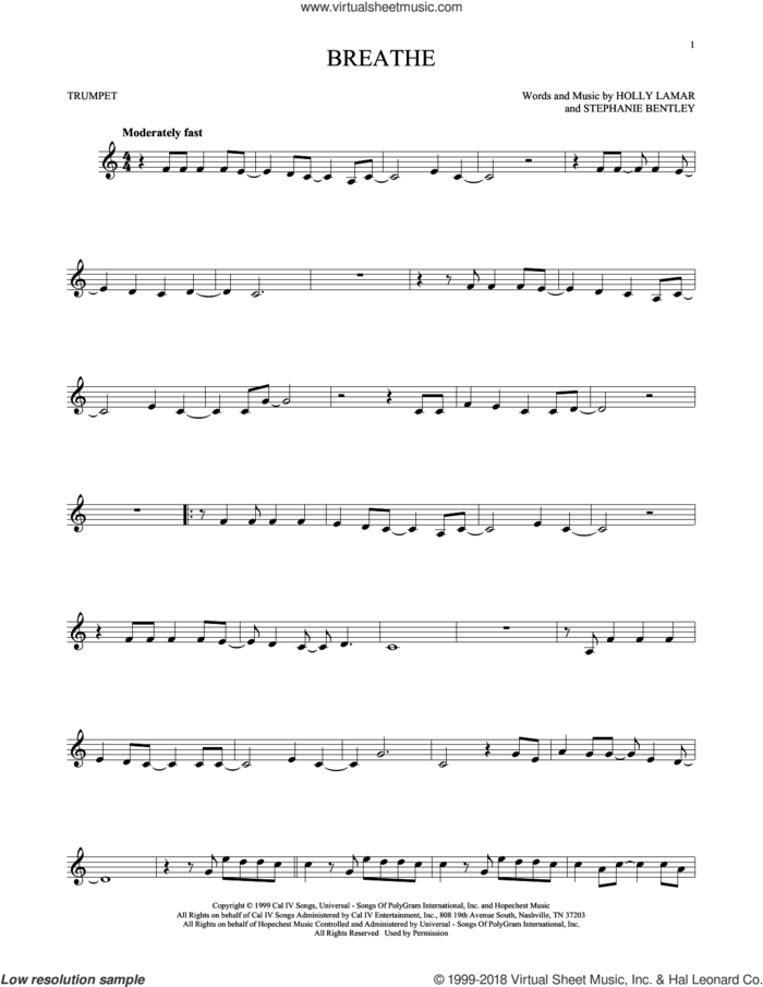 Breathe sheet music for trumpet solo by Faith Hill, Holly Lamar and Stephanie Bentley, intermediate skill level