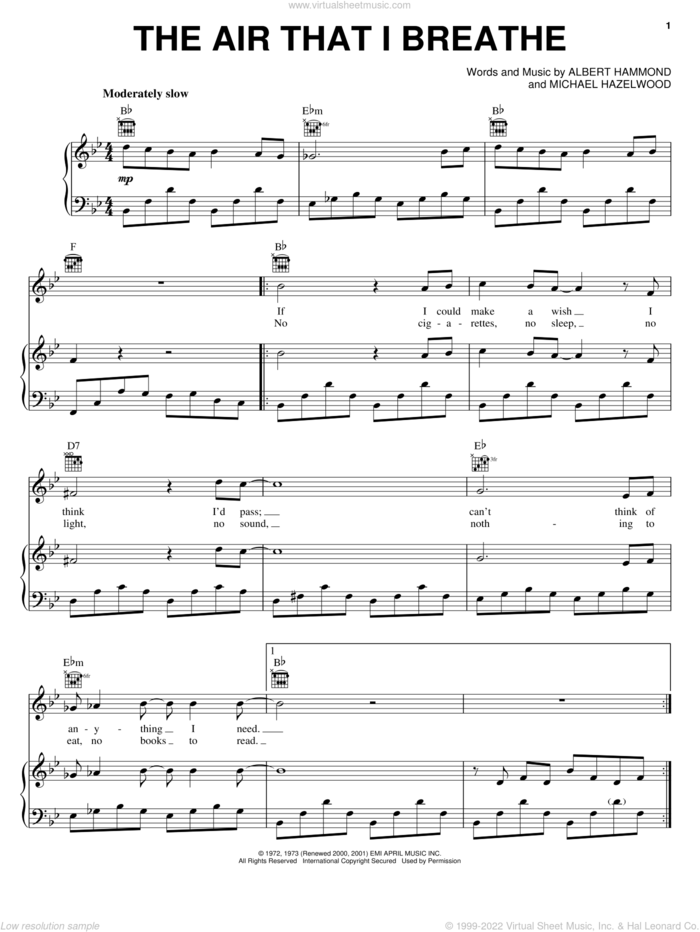 The Air That I Breathe sheet music for voice, piano or guitar by The Hollies, K.D. Lang, Albert Hammond and Michael Hazlewood, intermediate skill level