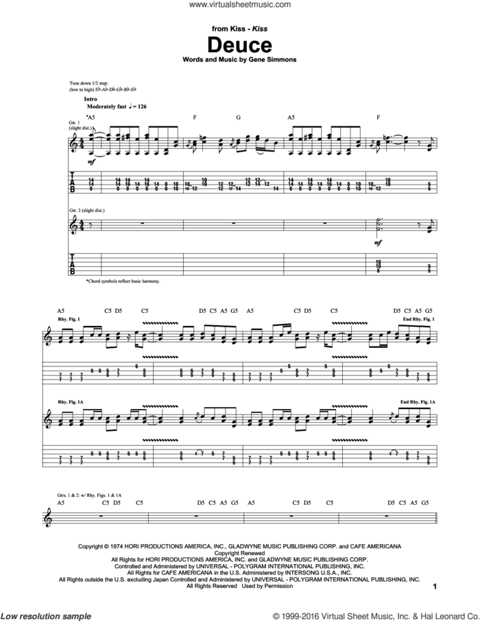 Deuce sheet music for guitar (tablature) by KISS and Gene Simmons, intermediate skill level