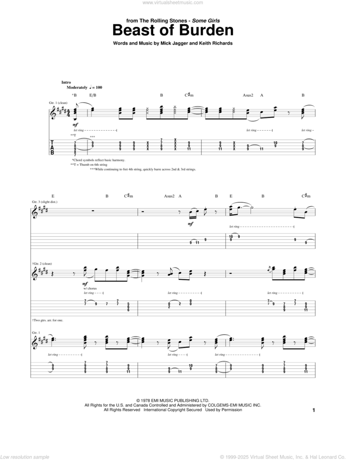 Beast Of Burden sheet music for guitar (tablature) by The Rolling Stones, Bette Midler, Keith Richards and Mick Jagger, intermediate skill level