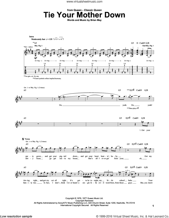 Tie Your Mother Down sheet music for guitar (tablature) by Queen and Brian May, intermediate skill level