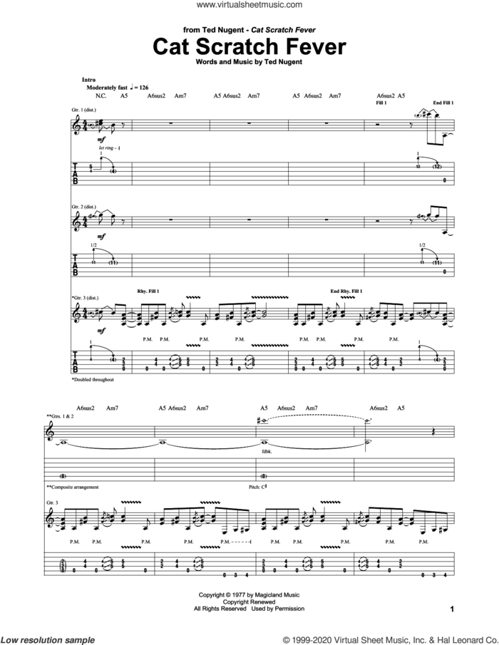 Cat Scratch Fever sheet music for guitar (tablature) by Ted Nugent, intermediate skill level