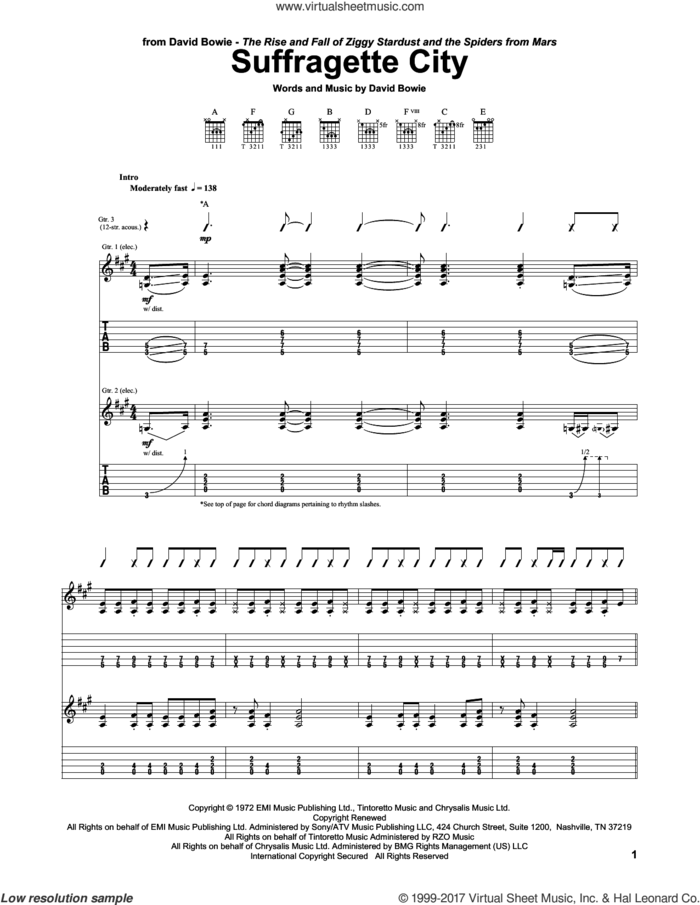 Suffragette City sheet music for guitar (tablature) by David Bowie, intermediate skill level
