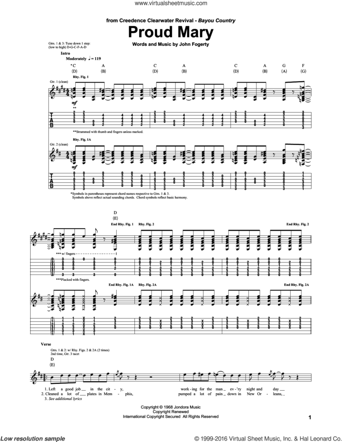 Proud Mary sheet music for guitar (tablature) by Creedence Clearwater Revival, Ike & Tina Turner and John Fogerty, intermediate skill level