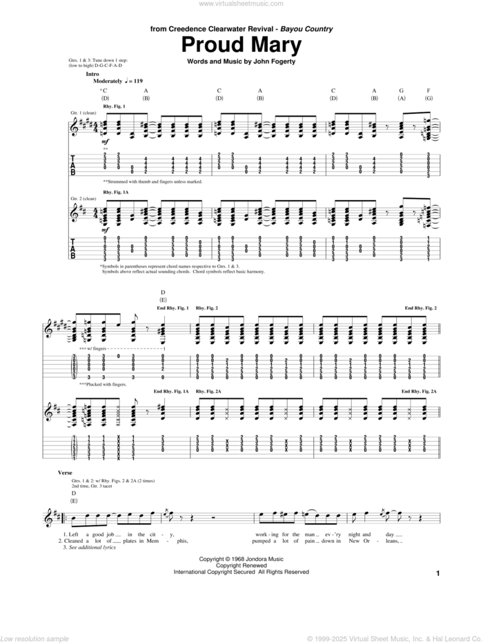 Proud Mary sheet music for guitar (tablature) by Creedence Clearwater Revival, Ike & Tina Turner and John Fogerty, intermediate skill level