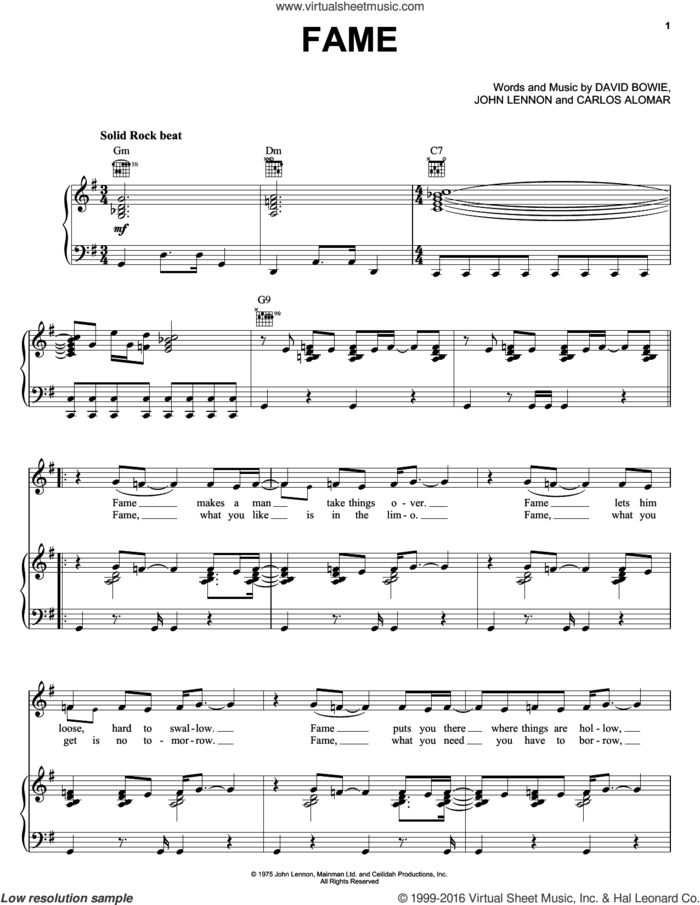 Fame sheet music for voice, piano or guitar by David Bowie, Carlos Alomar and John Lennon, intermediate skill level
