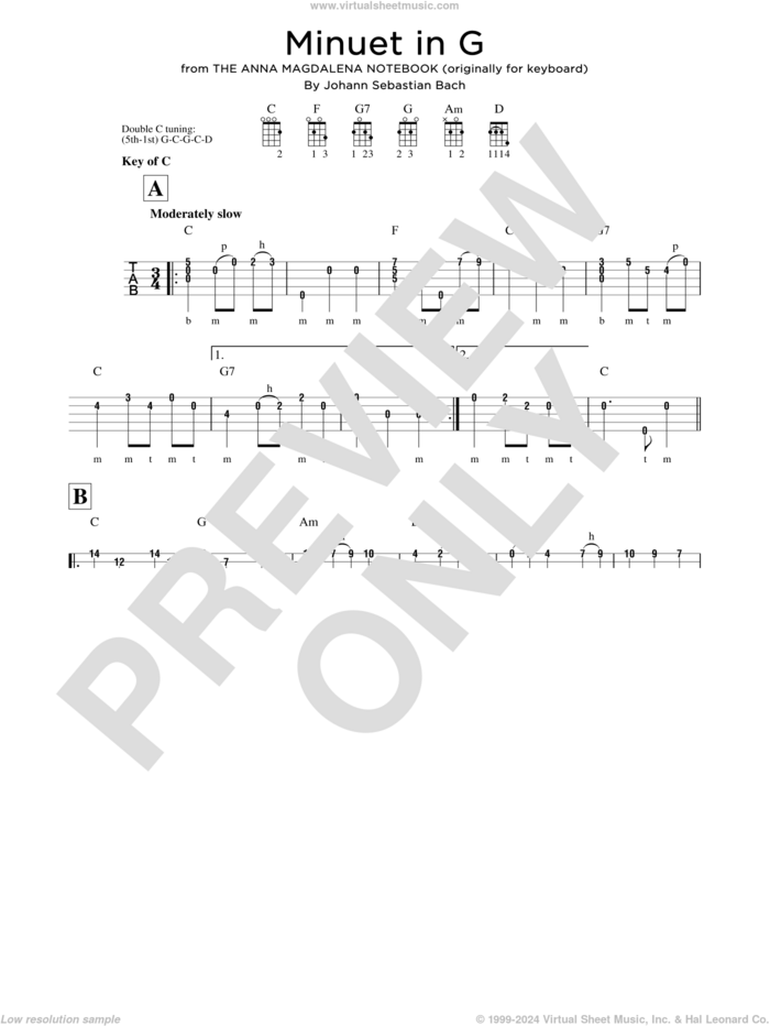 Minuet In G sheet music for banjo solo by Johann Sebastian Bach, classical score, intermediate skill level