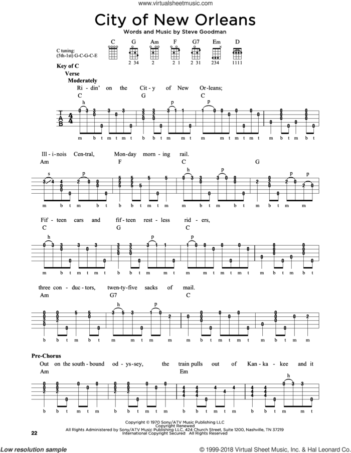 City Of New Orleans sheet music for banjo solo by Arlo Guthrie, Willie Nelson and Steve Goodman, intermediate skill level