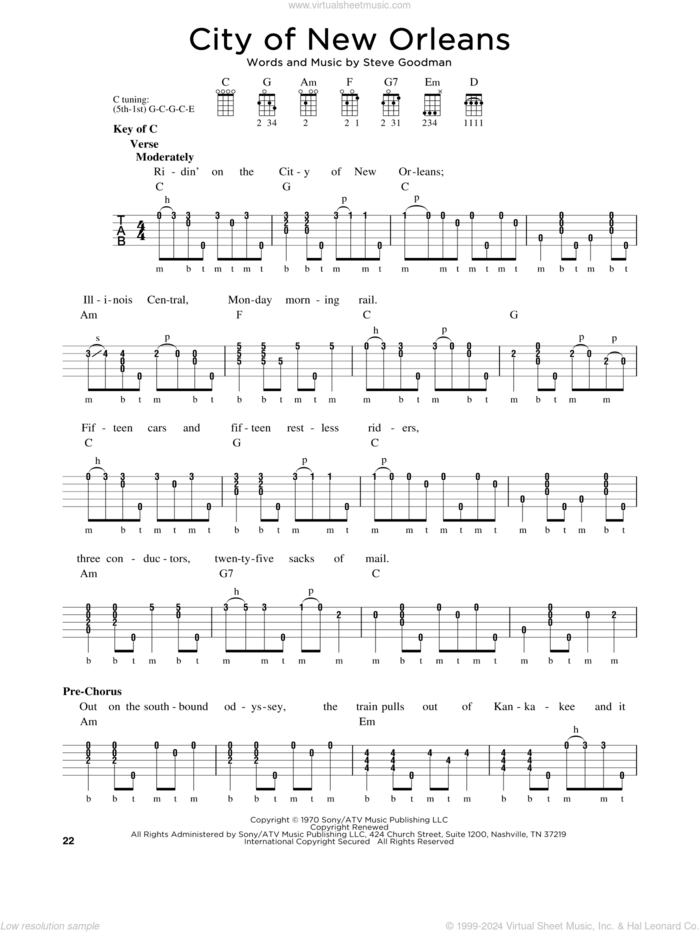 City Of New Orleans sheet music for banjo solo by Arlo Guthrie, Willie Nelson and Steve Goodman, intermediate skill level