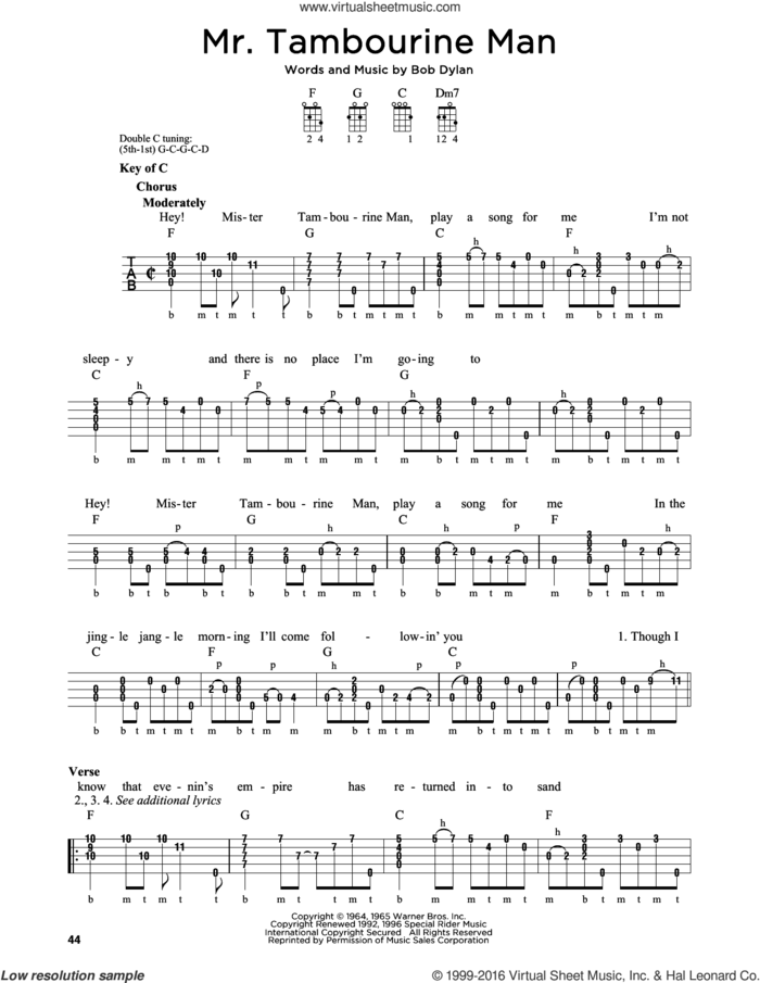 Mr. Tambourine Man sheet music for banjo solo by Bob Dylan, intermediate skill level