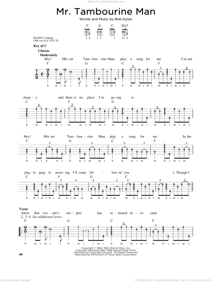 Mr. Tambourine Man sheet music for banjo solo by Bob Dylan, intermediate skill level