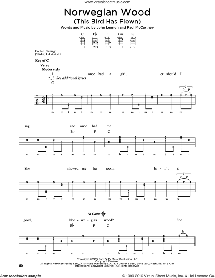 Norwegian Wood (This Bird Has Flown) sheet music for banjo solo by The Beatles, John Lennon and Paul McCartney, intermediate skill level