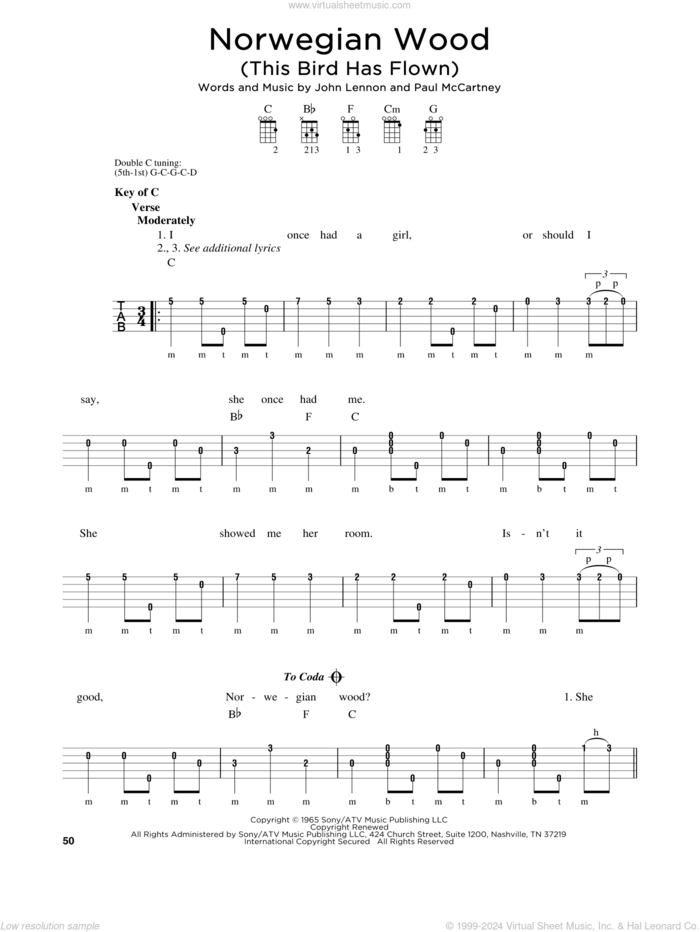 Norwegian Wood (This Bird Has Flown) sheet music for banjo solo by The Beatles, John Lennon and Paul McCartney, intermediate skill level