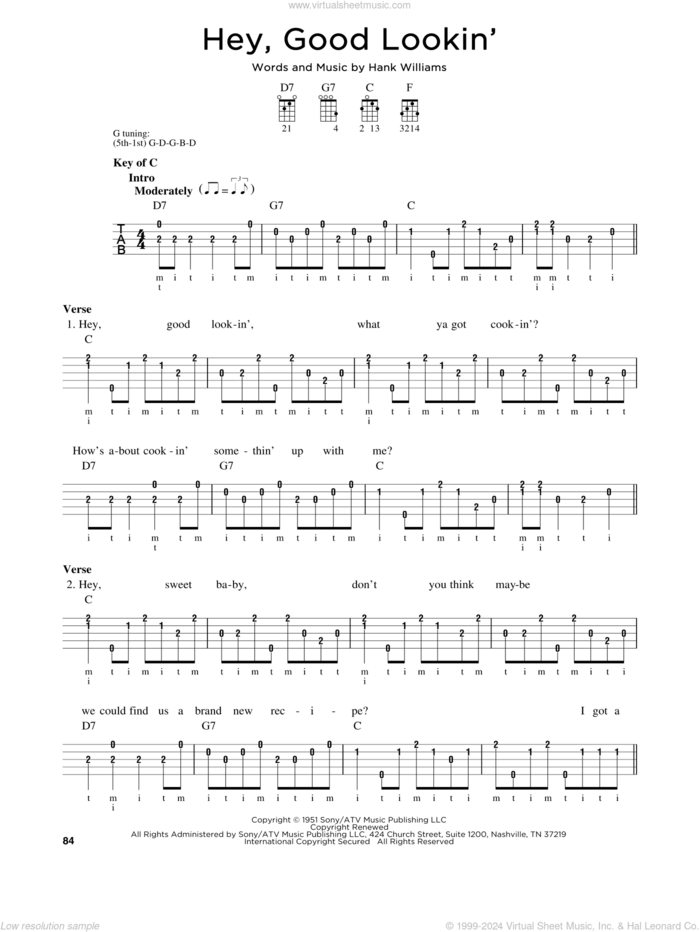 Hey, Good Lookin' sheet music for banjo solo by Hank Williams, intermediate skill level