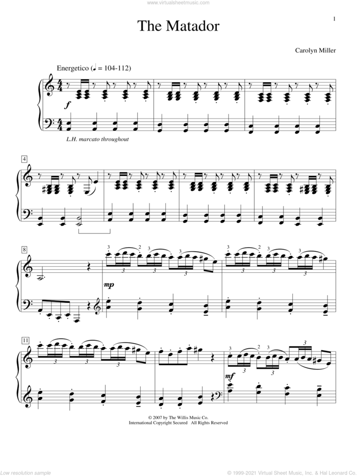 The Matador sheet music for piano solo (elementary) by Carolyn Miller, beginner piano (elementary)