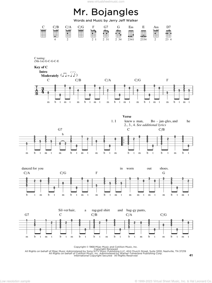 Mr. Bojangles sheet music for banjo solo by Jerry Jeff Walker and Sammy Davis, Jr., intermediate skill level
