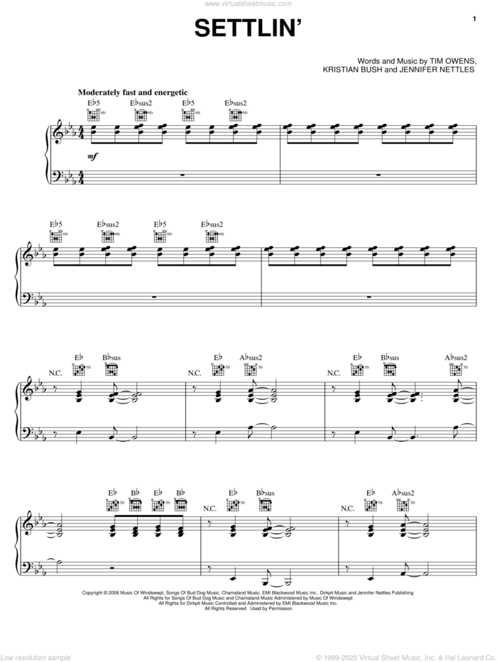 Settlin' sheet music for voice, piano or guitar by Sugarland, Jennifer Nettles, Kristian Bush and Tim Owens, intermediate skill level