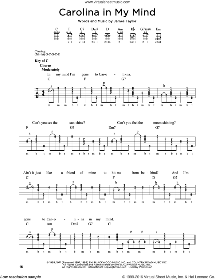 Carolina In My Mind sheet music for banjo solo by James Taylor and Crystal Mansion, intermediate skill level