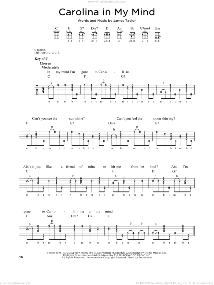 Carolina In My Mind sheet music for banjo solo by James Taylor and Crystal Mansion, intermediate skill level